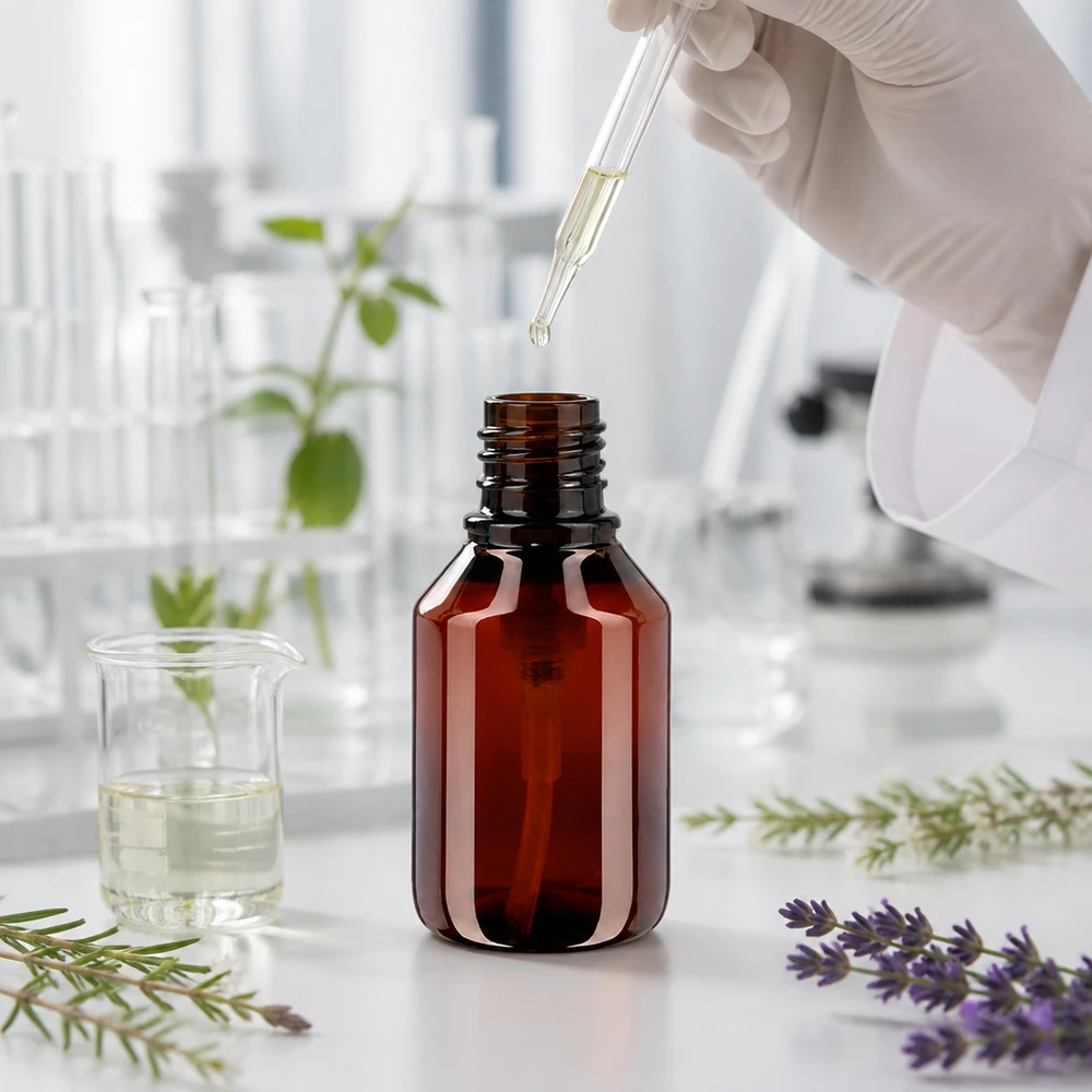 PET láhev 50ml s dávkovací pumpičkou černá Jantarově zbarvená PET láhev o objemu 50 ml s černým dávkovacím pumpičkem v laboratoři s vůní levandule a rozmarýnu