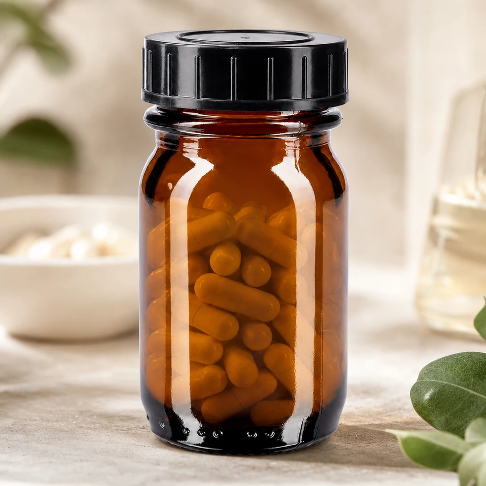 30ml láhev s širokým hrdlem jantarové sklo se šroubovacím uzávěrem Praktische Braunglas-Weithalsflasche 30ml mit Kindersicherung ideal fuer Medikamente