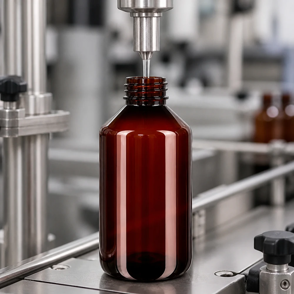 PET láhev 500ml se standardním bílým uzávěrem s pojistkou proti manipulaci Plnicí linka s hnědou kulatou PET lahví o objemu 500 ml a šroubovacím uzávěrem v průmyslové výrobě