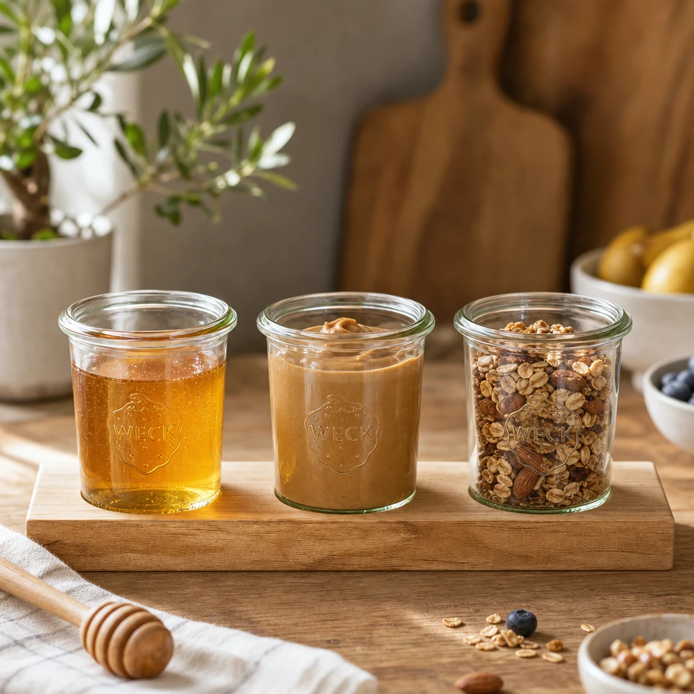 Servírovací prkénko Plano3 se 3 kelímky Weck 160 ml Holz-Servierbrett mit Weck Gläsern 160ml gefüllt mit Honig Nussbutter und Müsli in moderner Küche