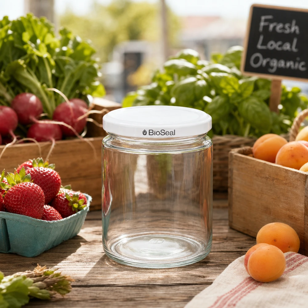 350g Honigglas + BioSeal Deckel weiß UNiTWIST 250ml Honigglas BioSeal UNiTWIST leer auf Holztisch mit frischem Obst Gemüse vom Bauernmarkt Einmachglas Vorratsglas