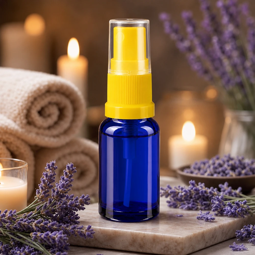 Lékárenská lahvička modrá 10ml s rozprašovačem žlutá Kobaltblaue Phiole 10ml mit gelbem Dosierer in entspannter Wellness Spa Atmosphäre