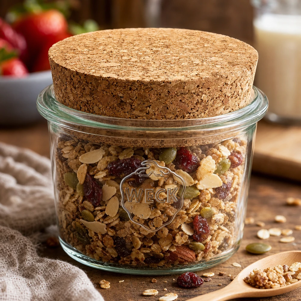 35ml zavařovací sklenice WECK RR40 s korkem přírodní WECK RR40 Sturzglas 35ml mit Korken gefüllt mit Müsli Nüssen Trockenfrüchten als Vorratsglas in der Küche