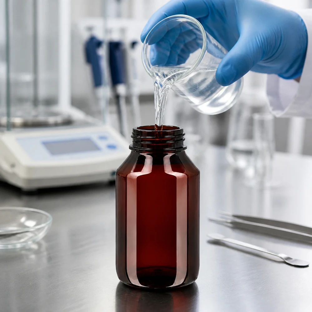 PET láhev 50ml se zeleným uzávěrem, který je odolný proti manipulaci. Laborant naplňuje hnědou PET láhev o objemu 50 ml se zeleným uzávěrem typu OV čirou kapalinou
