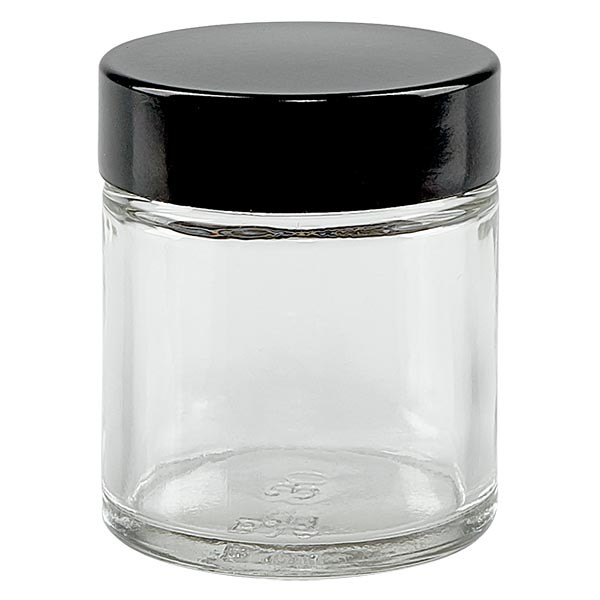 Skleněná dóza 30ml čirá, s černým bakelitovým víčkem ApoGlas. Skleněná dóza 30ml čirá, s černým bakelitovým víčkem ApoGlas.