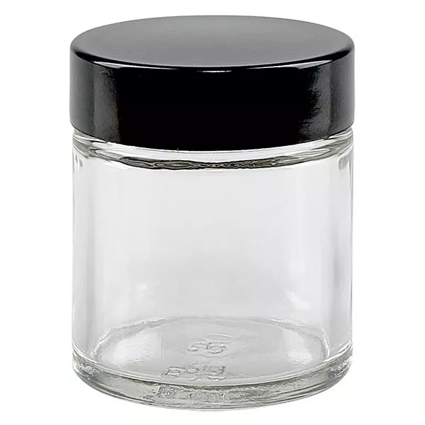Skleněná dóza 30ml čirá, s černým bakelitovým víčkem ApoGlas. Skleněná dóza 30ml čirá, s černým bakelitovým víčkem ApoGlas.
