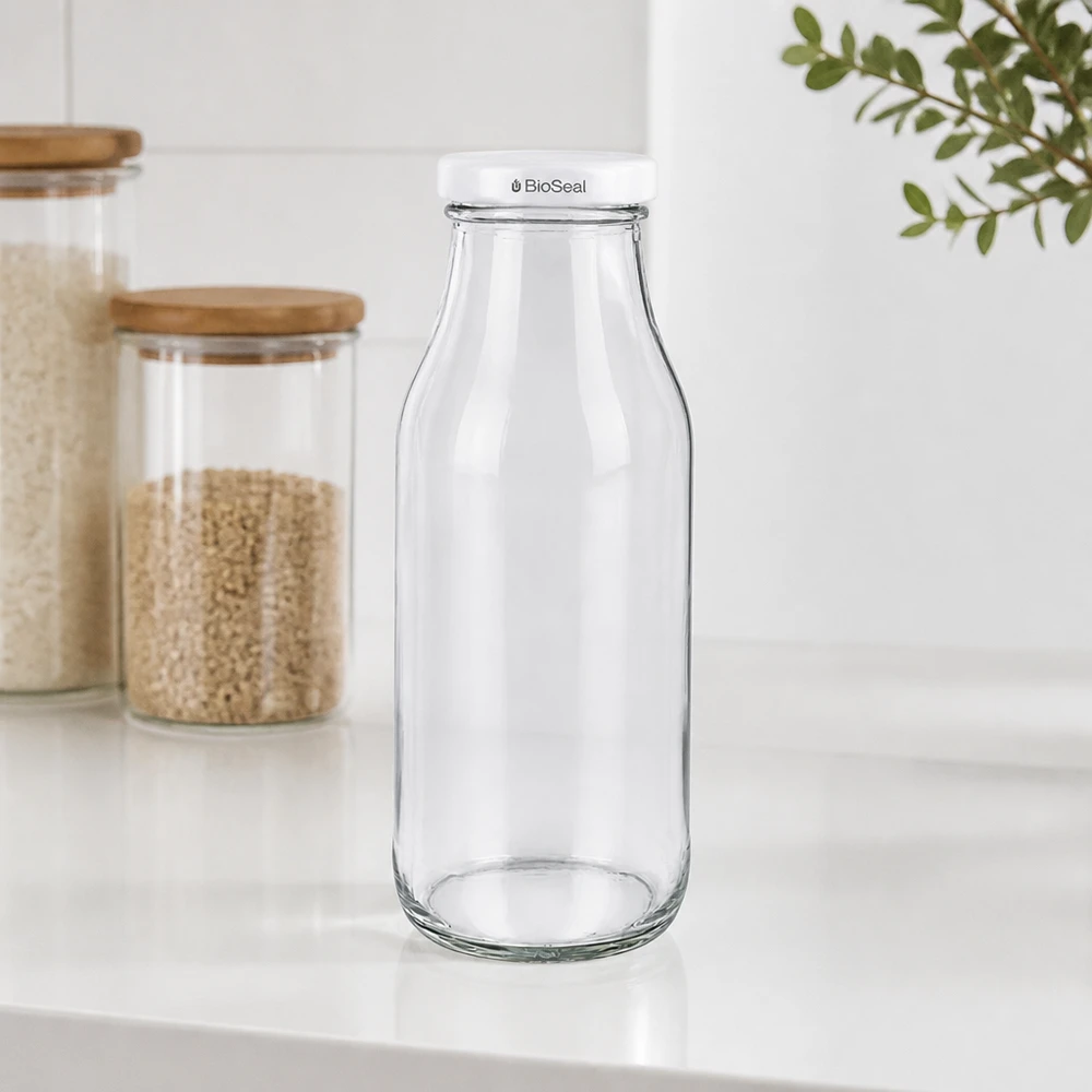 UNiTWIST Bottle263 Glasflasche mit weißem TO43 BioSeal Deckel auf weißer Arbeitsplatte neben Vorratsgläsern