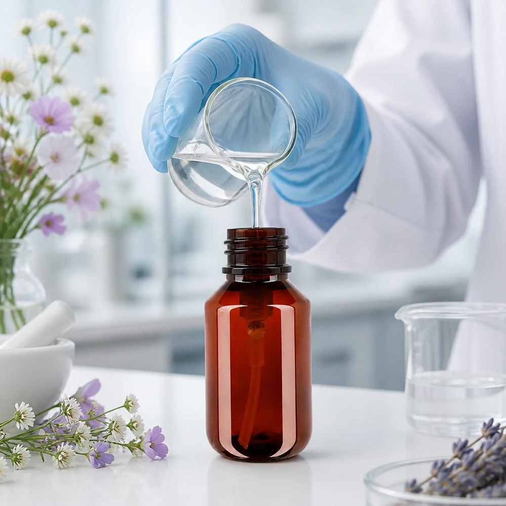 Vědec v laboratoři plní jantarově zbarvenou 100ml PET láhev s černým dávkovacím čerpadlem