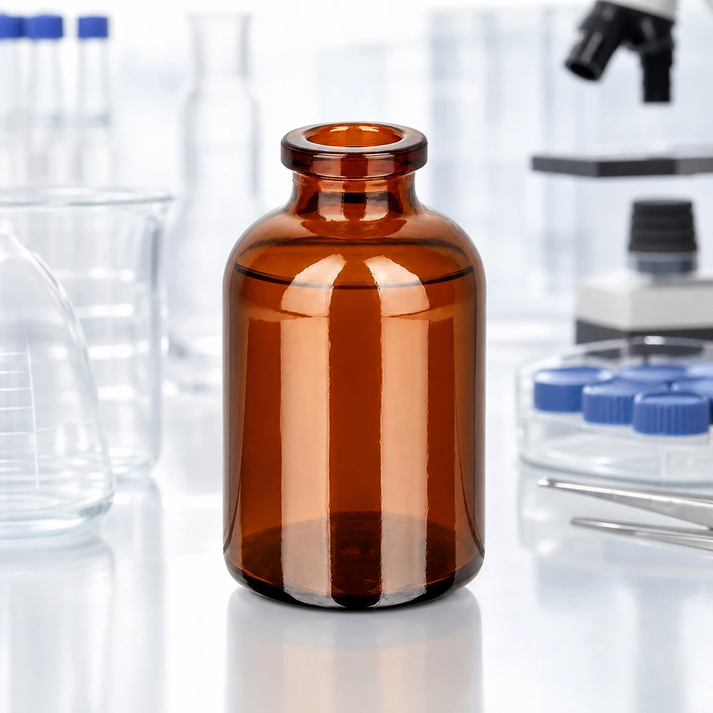 Injekční lahvička z jantarového skla 30ml Hochwertige Injektionsflasche 30ml aus braunem Glas mit glattem Zylinderkörper und Rollrand