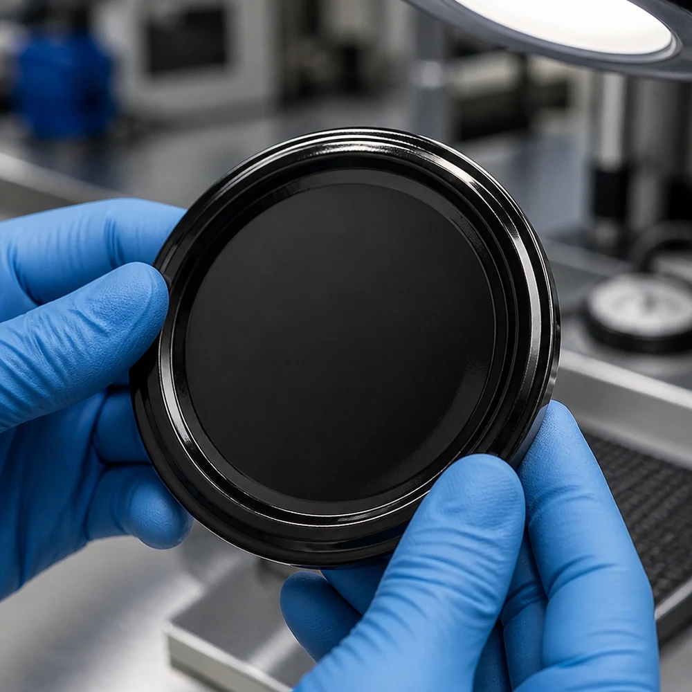 UNiTWIST TO48 černý BioSeal BPA-NI šroubovací víčko – detailní záběr z laboratoře kontroly kvality s modrou rukavicí