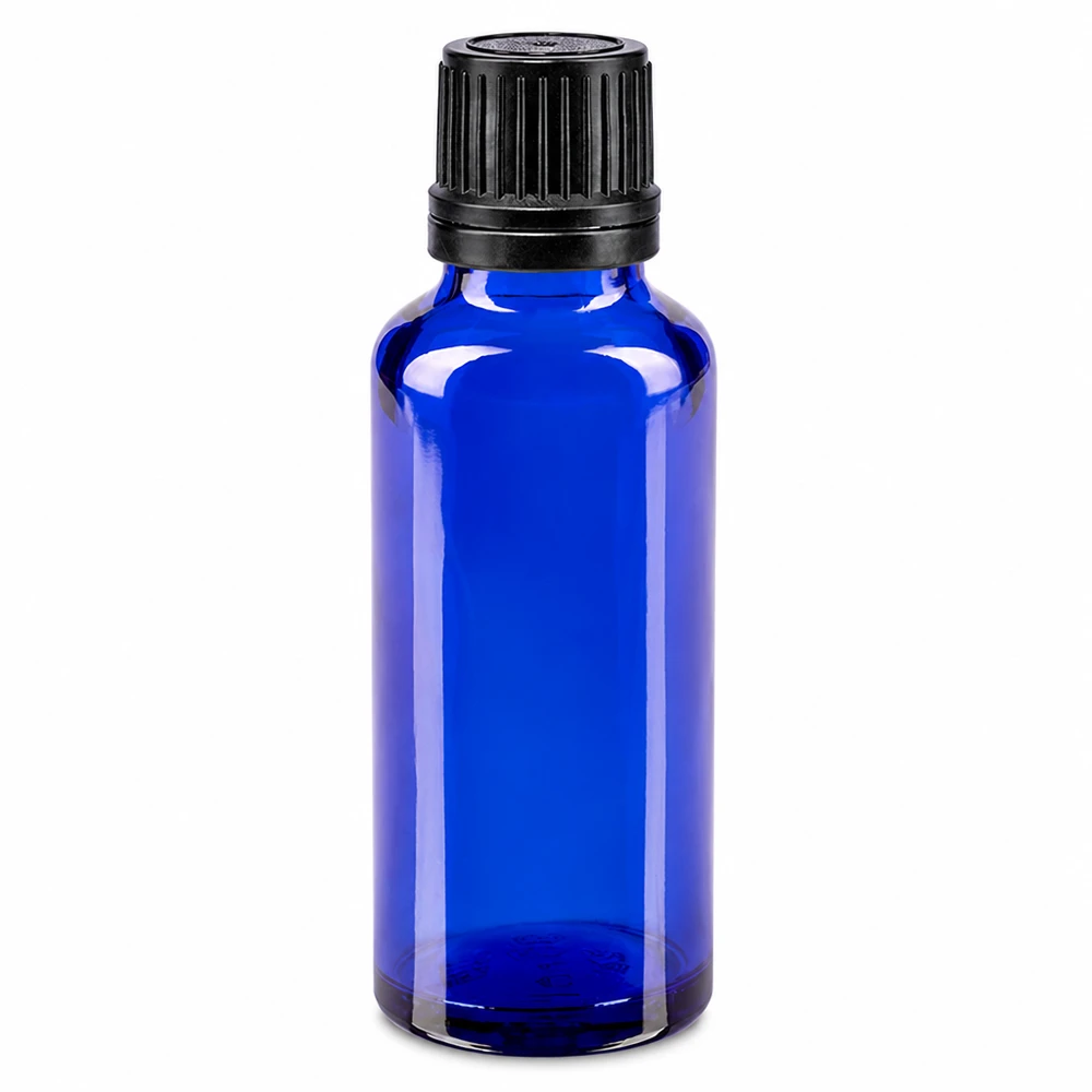 Lékárenská láhev modrá 30ml šroubovací uzávěr černý nalévací kroužek nedovolená manipulace s uzávěrem Blaue Medizinflasche 30ml aus Schutzglas mit schwarzem Sicherheitsverschluss 8mm OV
