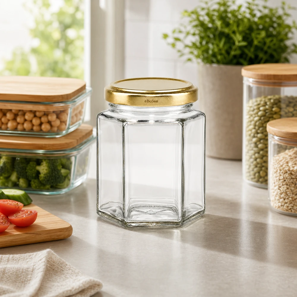 Dóza hexa o objemu 196 ml se zlatým víčkem UNiTWIST BioSeal. Leeres UNiTWIST Hexa196 Vorratsglas mit TO58 BioSeal Golddeckel auf Küchenarbeitsplatte zwischen gefüllten Vorratsbehält