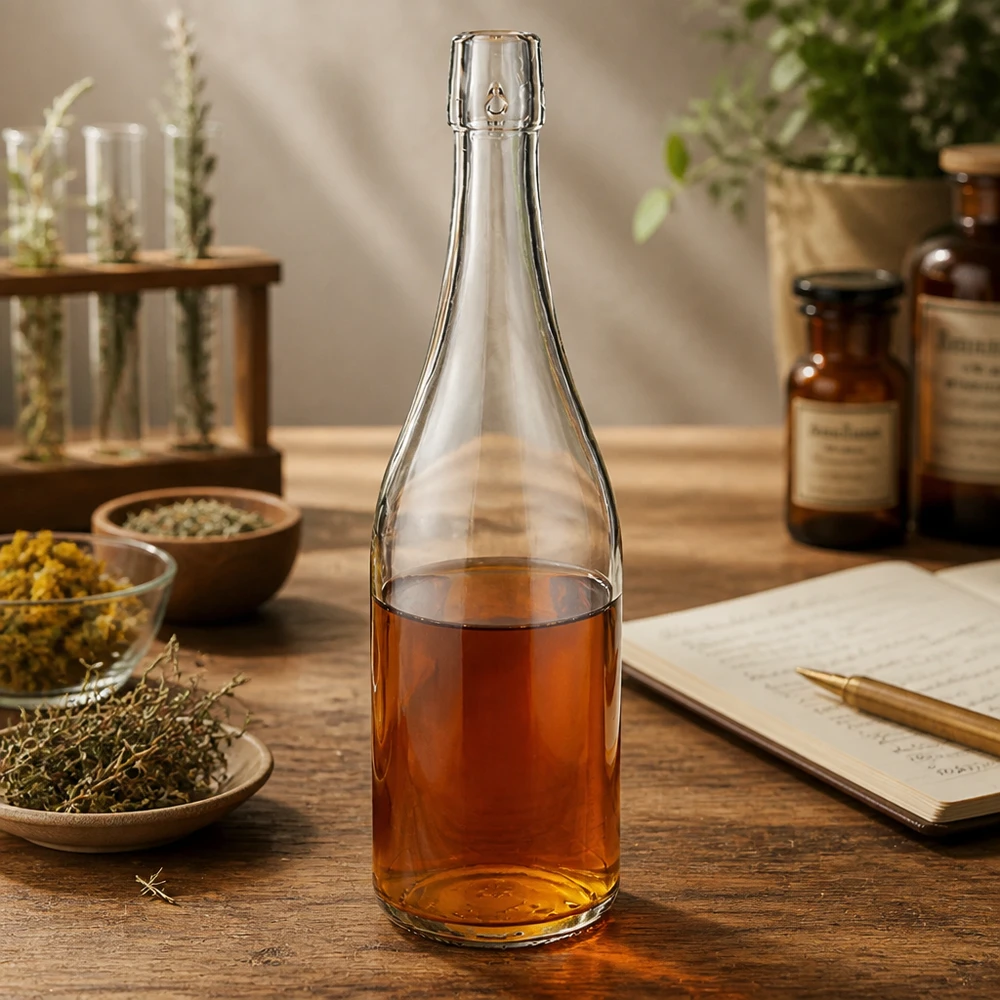 Skleněná láhev o objemu 750 ml bez výklopného víčka UNiTWIST 750ml UNiTWIST Glasflasche mit Kräutertee befüllt Apotheker-Ambiente getrocknete Heilkräuter Notizbuch Rezeptbuch