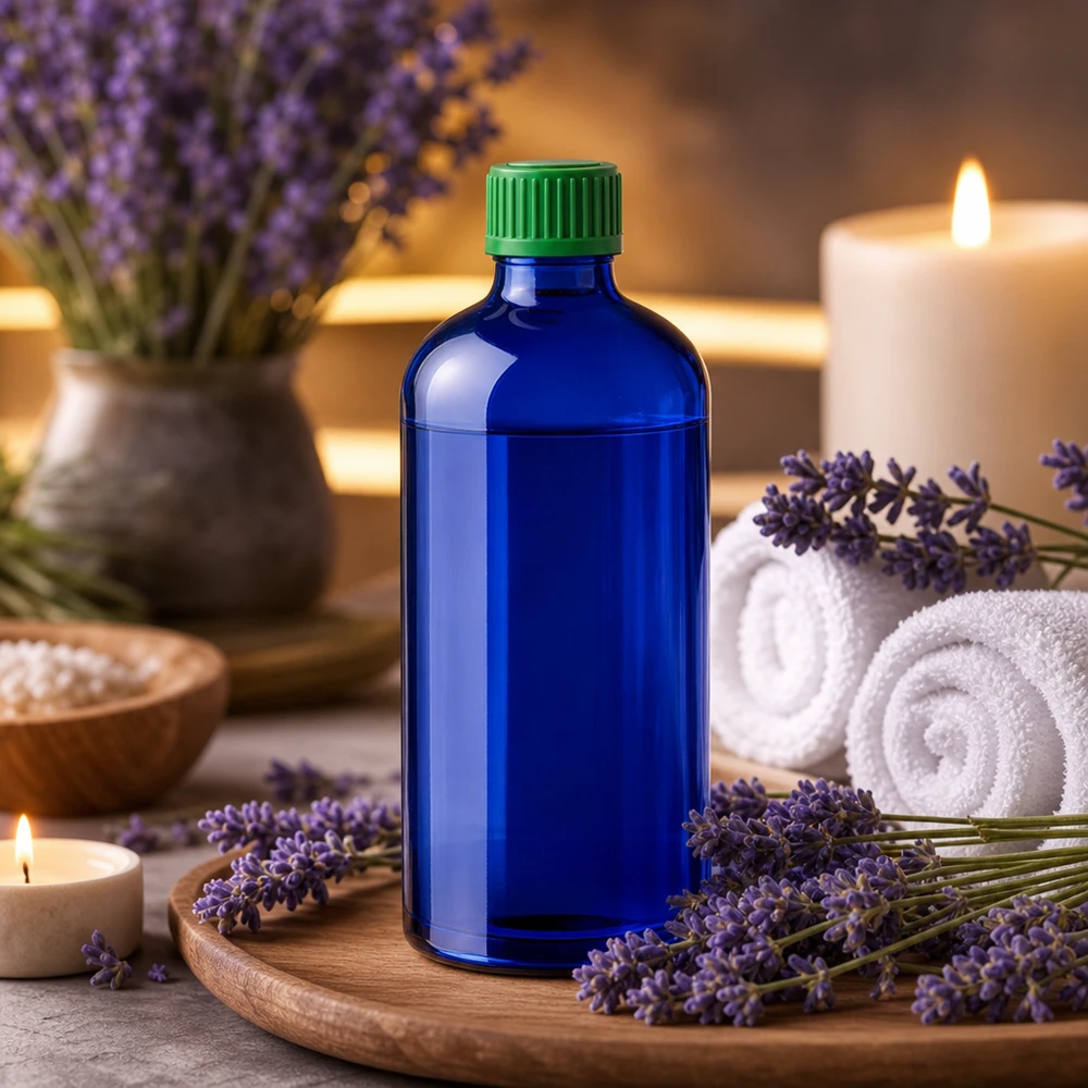 Hygienische Aufbewahrung ätherischer Öle in der blauen Glasflasche mit dichtem Grünverschluss
