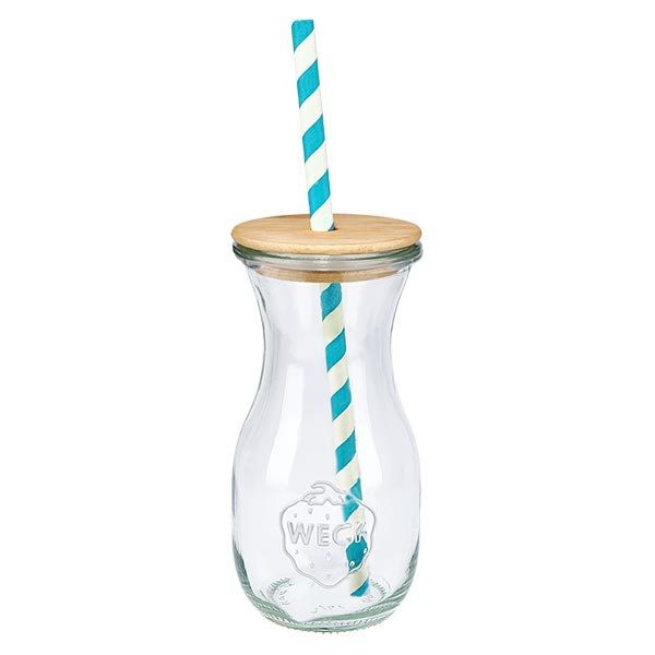 6 x 290ml láhev na šťávu WECK RR60 s dřevěným víčkem a 100 eco S WECK Glasflasche 290ml mit Bambusdeckel und türkis-weißem Papierstrohhalm Einzelansicht Trinkflasche