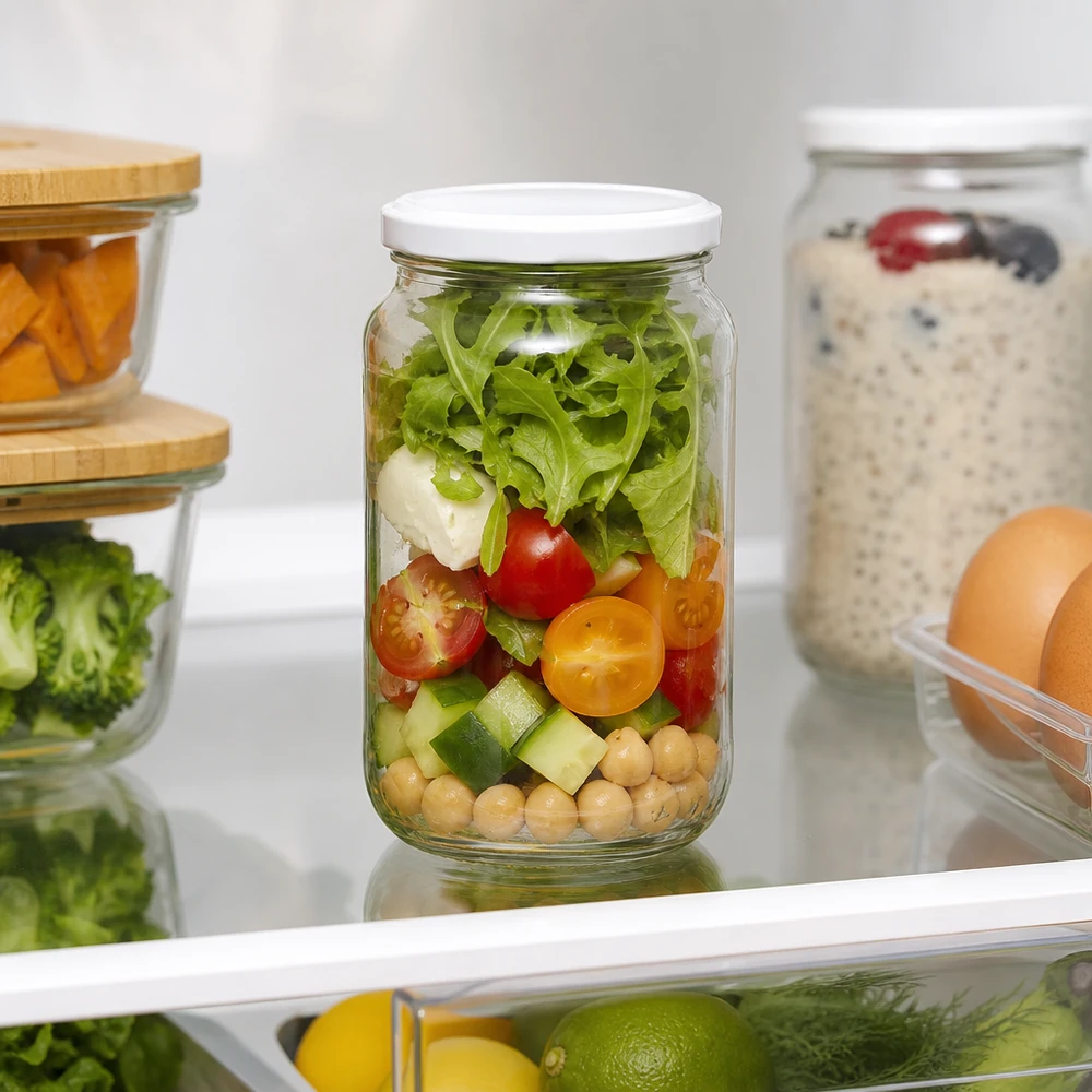 1062ml kulatá sklenice s víčkem BasicSeal bílá UNiTWIST 1062ml Rundglas BasicSeal Deckel mit Salat im Kühlschrank Meal Prep Container Aufbewahrung frische Lebensmittel