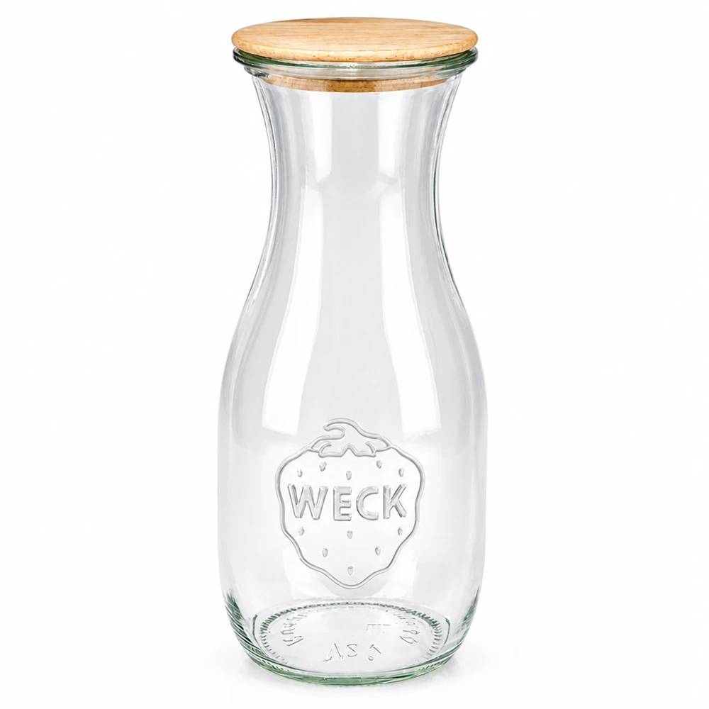 530ml láhev na džus WECK RR60 s dřevěným víčkem WECK Saftflasche 530ml aus Glas mit Holzdeckel RR60 Einmachglas für Säfte und Getränke transparent