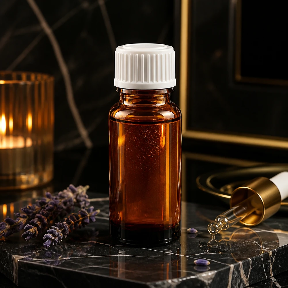 Lékárenská lahvička hnědá 10ml kapátko bílé 0,8mm standardní Braune Miniaturflasche 10ml aus ApoGlas mit präzisem Weißverschluss und goldenem Tropfer