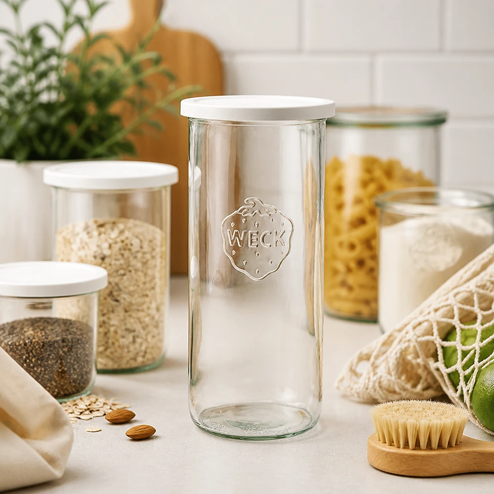 WECK Sturzglas 1500ml RR100 in moderner Küche mit Vorratsgläsern Pasta und nachhaltigen Öko-Produkten