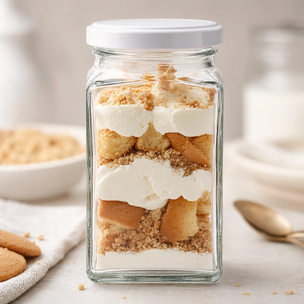 260ml tetra sklenice s víčkem BasicSeal bílá UNiTWIST. 260ml Tetraglas BasicSeal weiß als Dessertglas mit Tiramisu Schichtdessert gefüllt neben Löffelbiskuits Küchentisch
