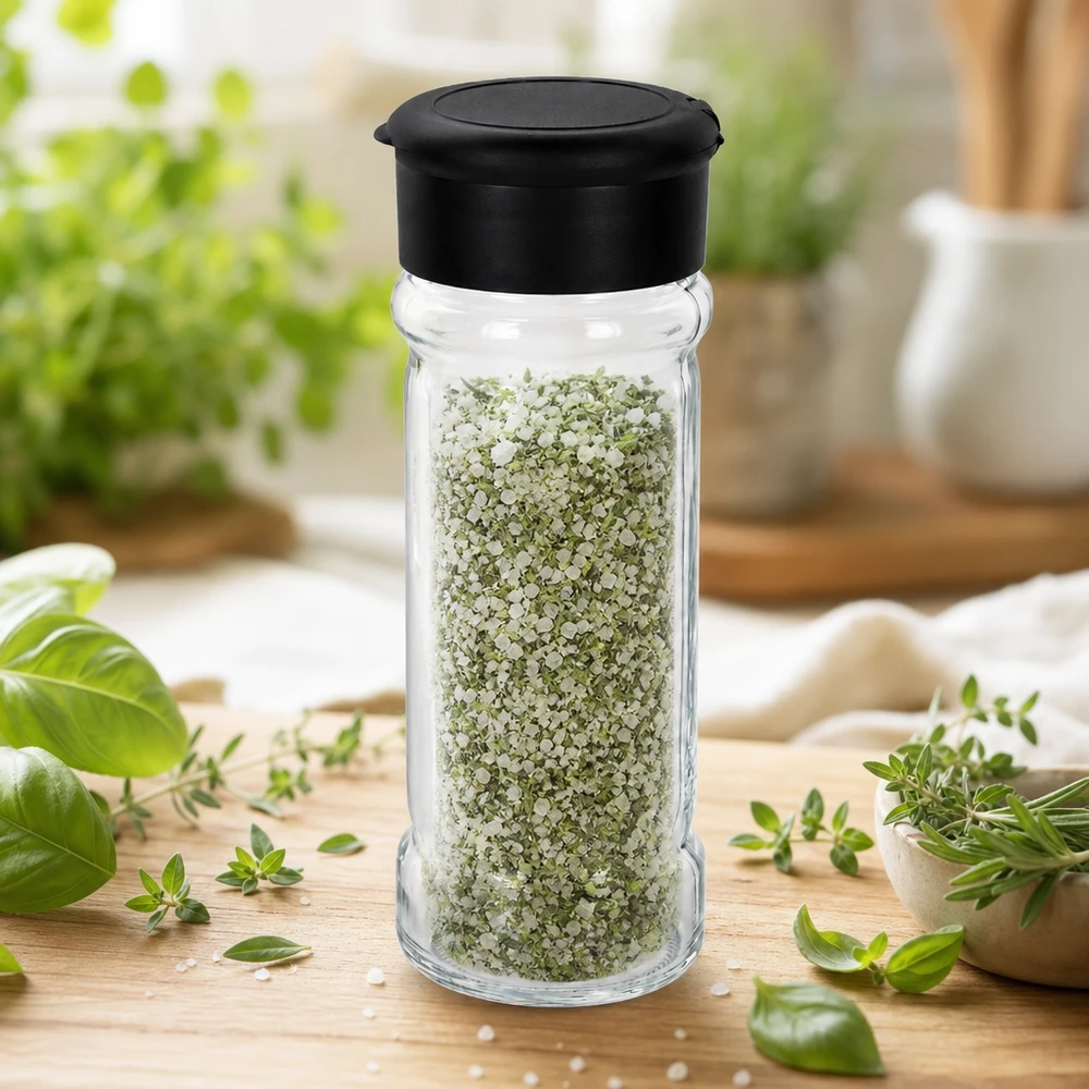 Dóza na sůl/koření 100ml s mlýnkem Vario černá Glasstreuer 100ml mit grün-weißem Kräutersalz schwarzem Deckel und frischen Küchenkräutern im Hintergrund
