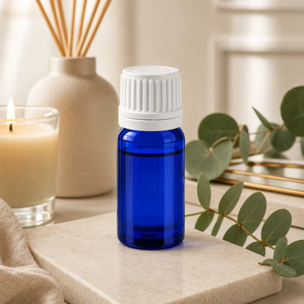 Elegante 5ml Flasche aus blauem Borosilikatglas mit weißem Verschluss für Wellness