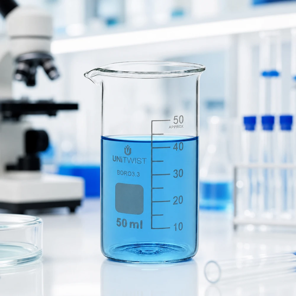 Kádinka 50ml borosilikátová, vysoká forma UNiTWIST Graduiertes Becherglas 50ml hohe Form UNITWIST aus Borosilikat mit weißer Skalierung