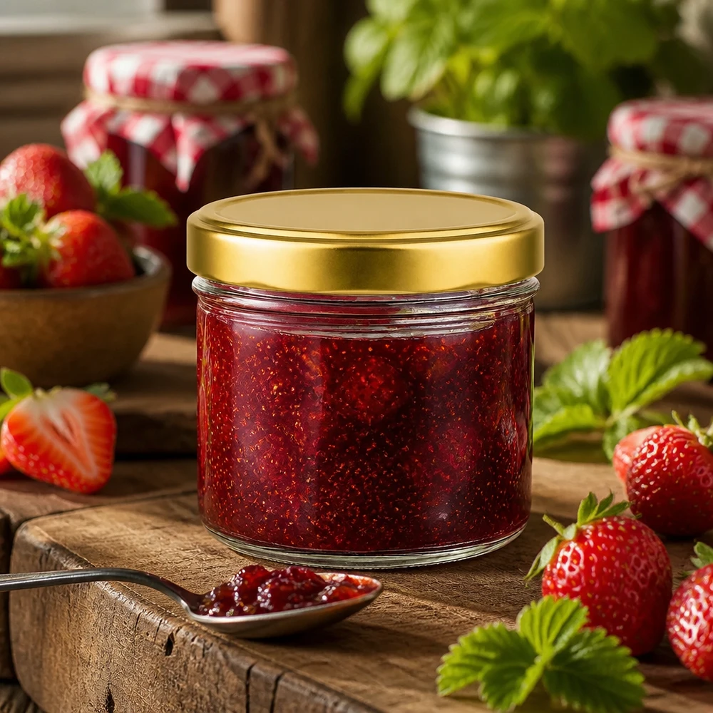 230ml válcová sklenice + víčko BasicSeal zlaté UT. 230ml Zylinderglas gefüllt mit Erdbeermarmelade goldener BasicSeal Deckel Anwendungsbeispiel Konfitürenglas