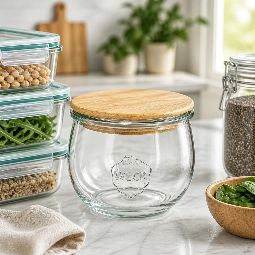 580ml tulipánová sklenice WECK RR100 s dřevěným víčkem WECK Vorratsglas 580ml RR100 mit Holzdeckel in moderner Küche neben gestapelten Glascontainern mit Hülsenfrüchten