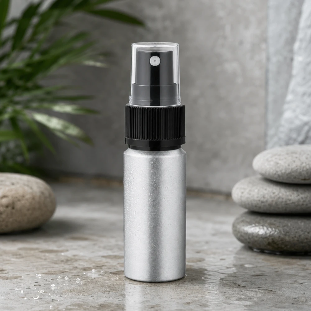 20ml lahvička z leštěného hliníku s rozprašovačem Korrosionsbeständige 20ml gebeizte Aluflasche mit schwarzem Sprühkopf für langlebige Nutzung