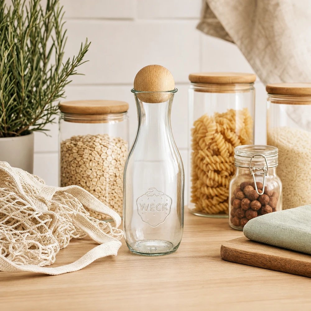 1062ml láhev na džus WECK RR60 s dřevěnou kuličkou buk WECK Glasflasche 1062ml RR60 in nachhaltiger Küche mit Zero-Waste Vorratsgläsern Jutebeutel und Rosmarinpflanze