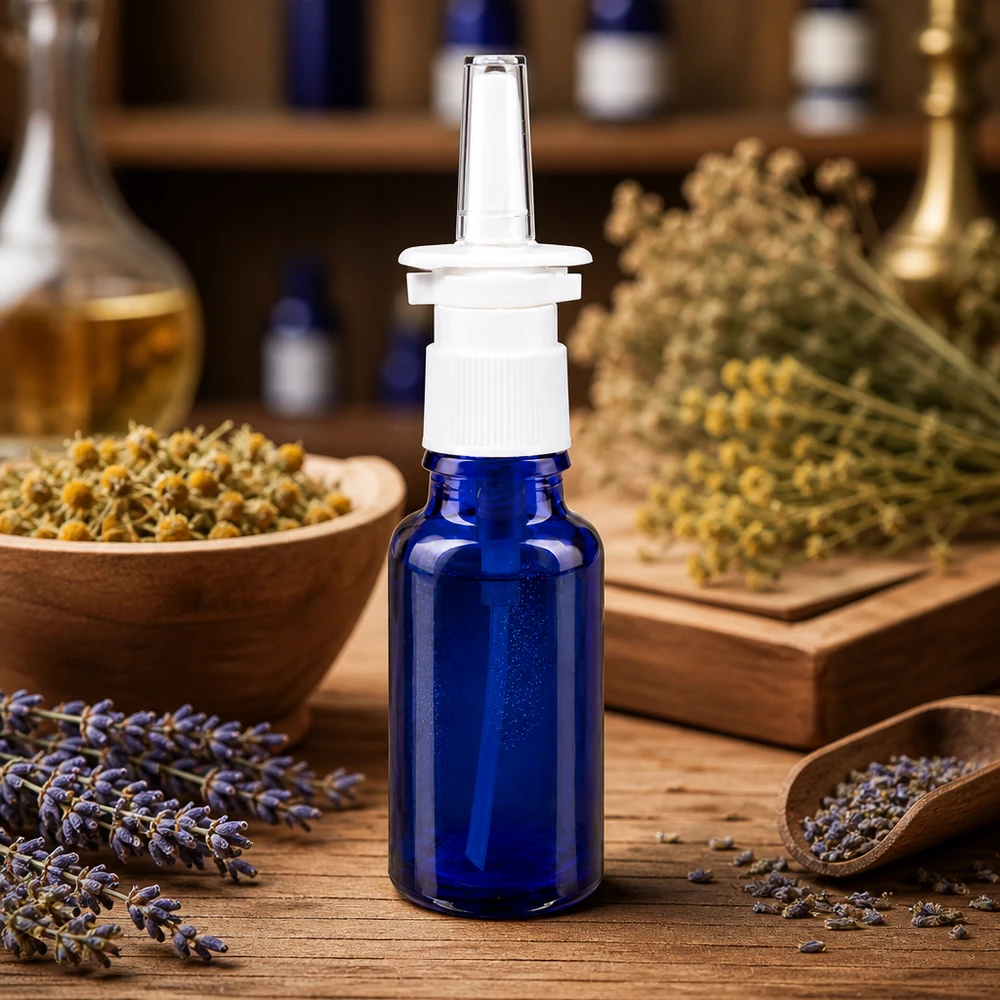 Lékárenská lahvička modrá 20ml nosní rozprašovač bílá stř. Apothekengerechte 20ml Blauglasflasche mit sterilem Nasensprayaufsatz für Naturheilkunde-Zubereitungen