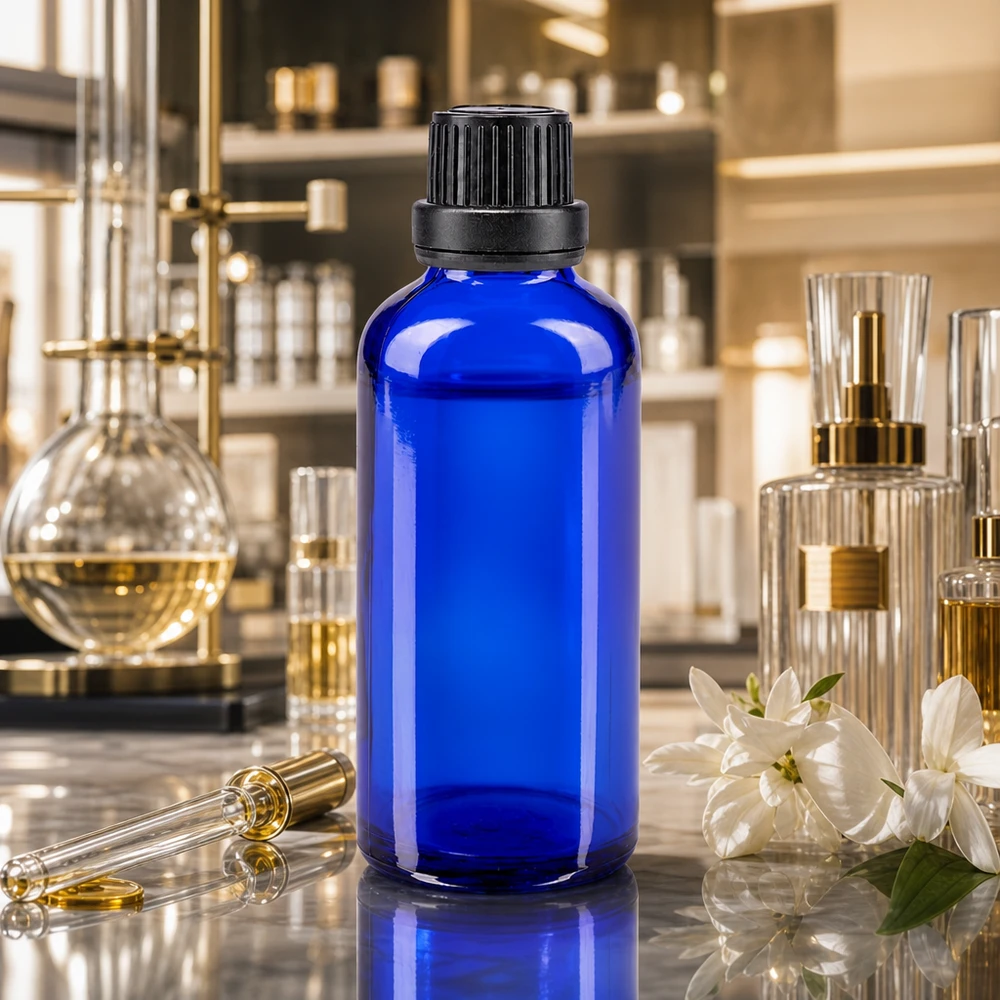 Apothekerflasche Blauglas 50ml mit schwarzem Schraubverschluss auf Marmor