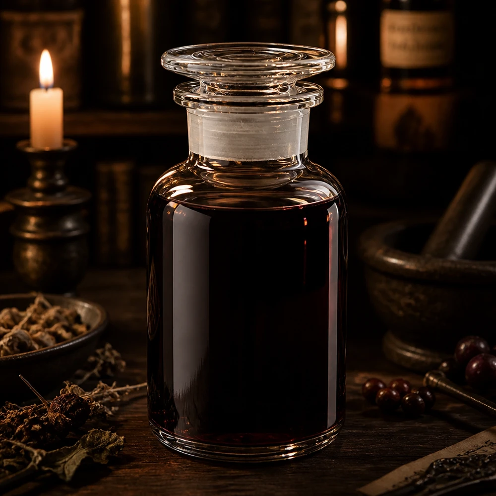 Láhev s kulatým ramenem 250ml čirá skleněná zátka se širokým hrdlem Apothekerflaschen 250ml Weithals Klarglas mit Glasstopfen neben Mörser und getrockneten Kräutern