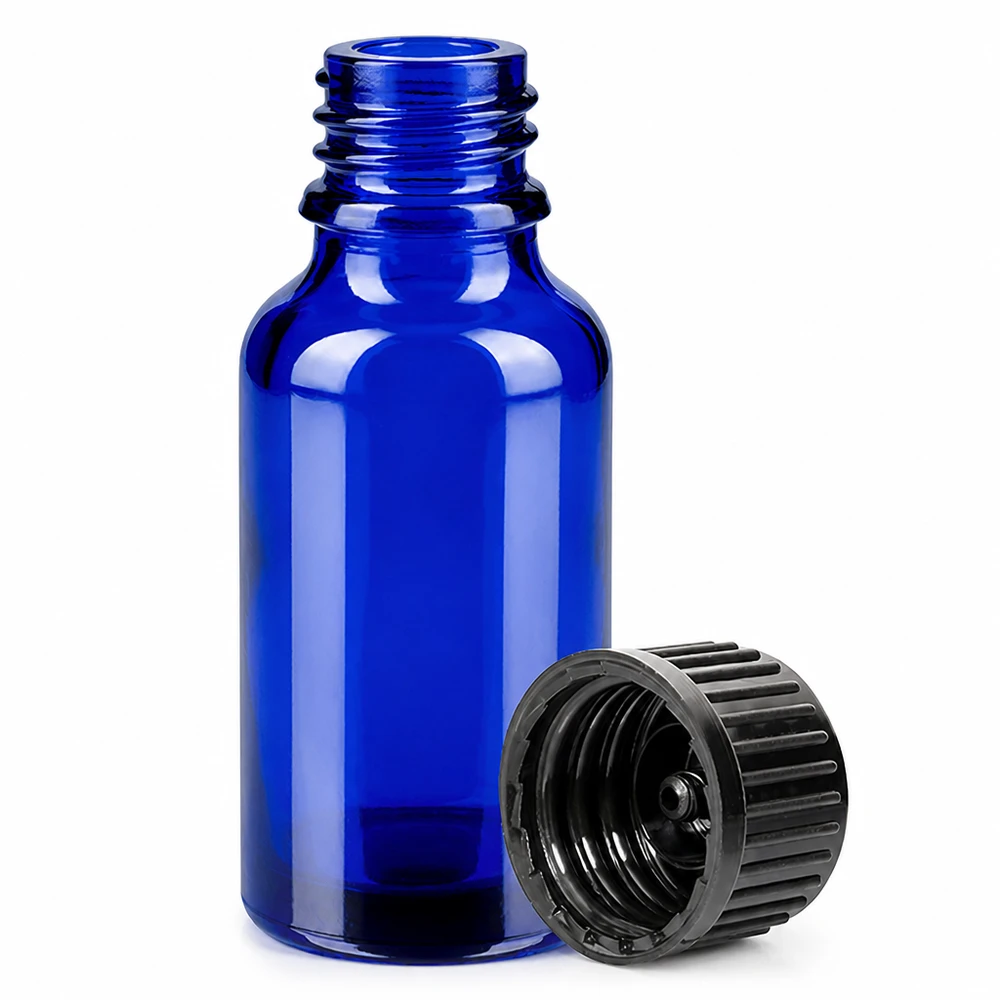 UV-schützende blaue 20ml Glasflasche mit kindersicherem schwarzen Verschluss für Medikamente