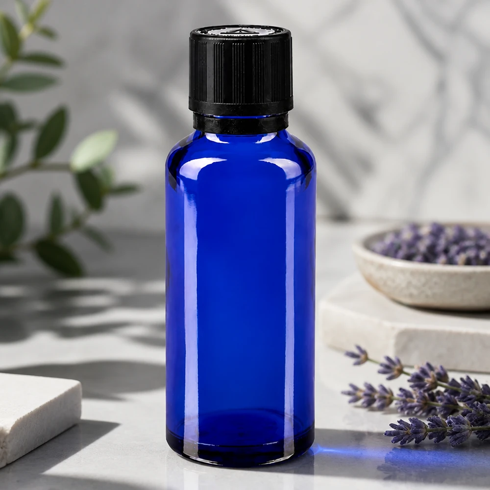 Blaues Pharmaglas 30ml mit Tropfer und kindersicherem Deckel in Lavendel-Aromatherapie-Umgebung
