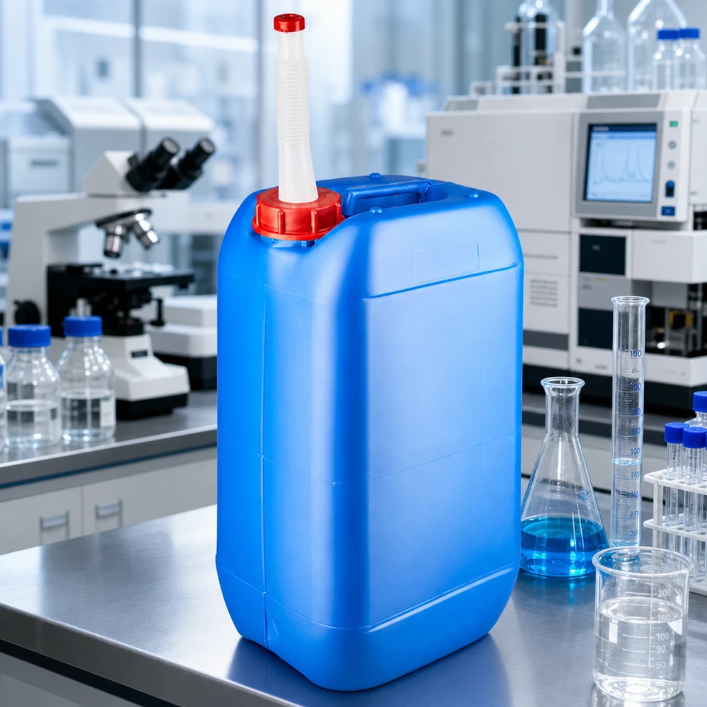 Kanystr 15 litrů modrý s výpustným potrubím Flex Chemikalienkanister 15 Liter blau mit flexiblem Rohr neben Erlenmeyerkolben und Messzylindern