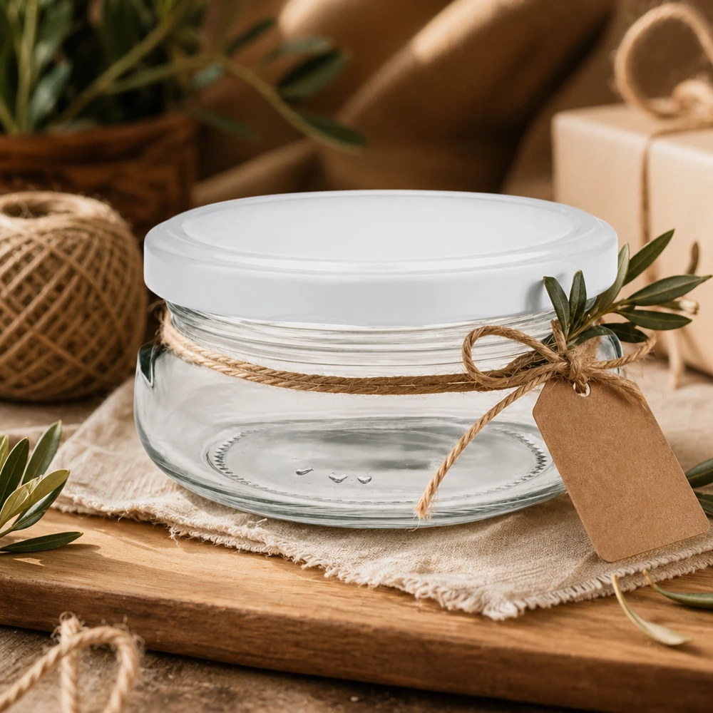 120ml zavařovací sklenice s víčkem BasicSeal bílá UNiTWIST 120ml Terrinenglas mit BasicSeal Deckel dekorativ mit Jute-Band und Geschenkanhänger auf Holztablett arrangiert