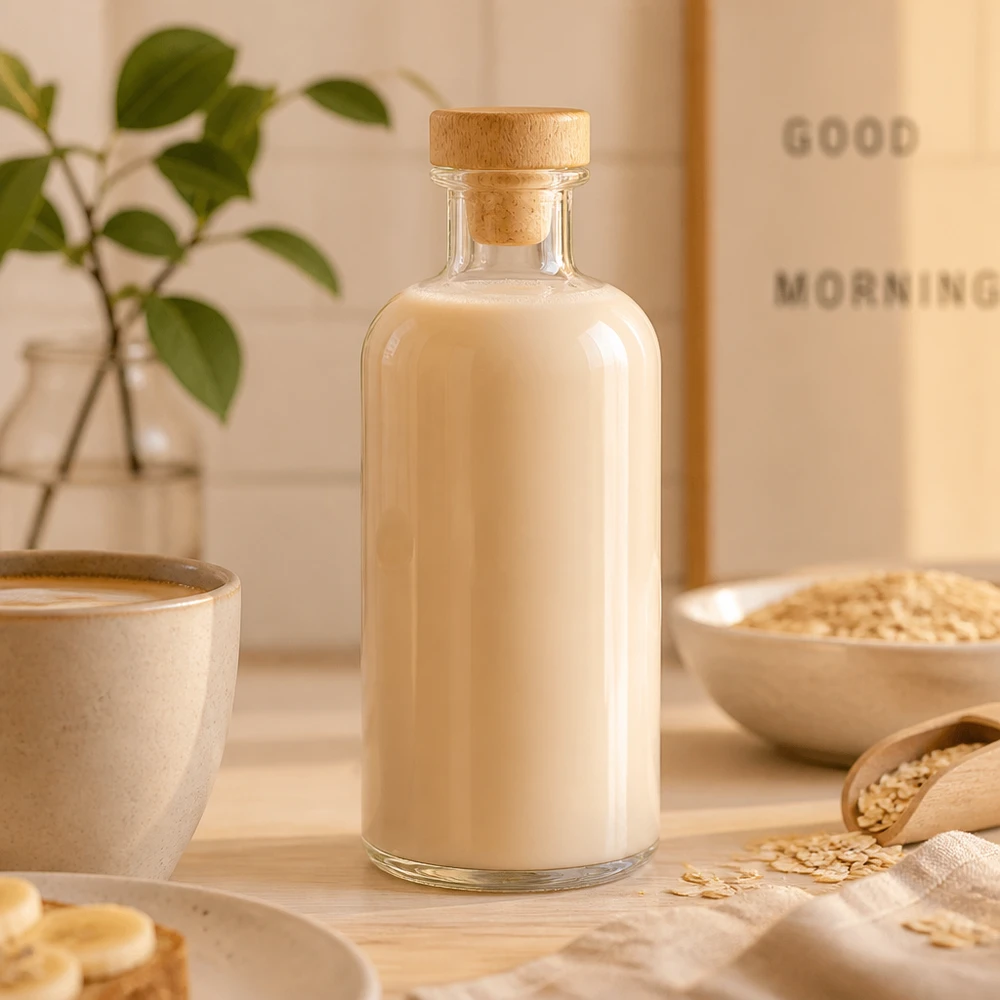 Glasflasche Flora 500ml mit Hafermilch gefüllt zwischen Haferflocken und Schale in natürlicher Küche