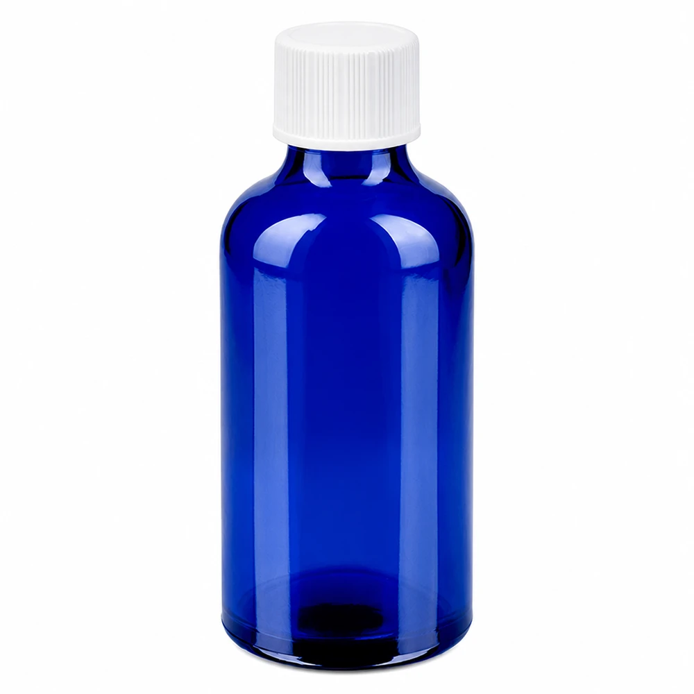 Hochwertige blaue 50ml Glasflasche mit weissem Schraubdeckel BlueLine UT18/50