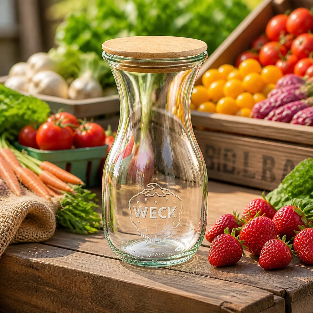WECK Glasflasche 290ml mit Korkverschluss zwischen frischem Gemüse und Obst auf rustikalem Holztisch