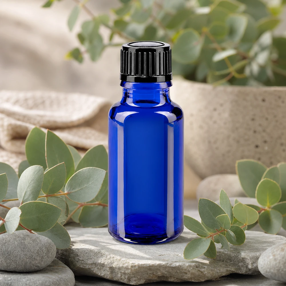 Lékárenská lahvička modrá 20ml kapací uzávěr standardní černý 1mm Blaue 20ml Flasche mit Tropfverschluss schwarz ideal für Aromatherapie und Eukalyptusöl