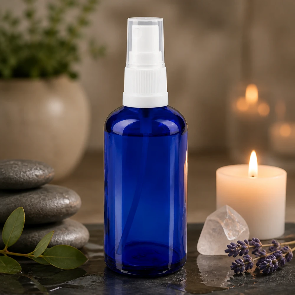 Lékárenská lahvička modrá 50ml s rozprašovacím víčkem bílá Blaue 50ml Glasflasche mit weißem Sprühkopf neben Basaltsteinen und Lavendel