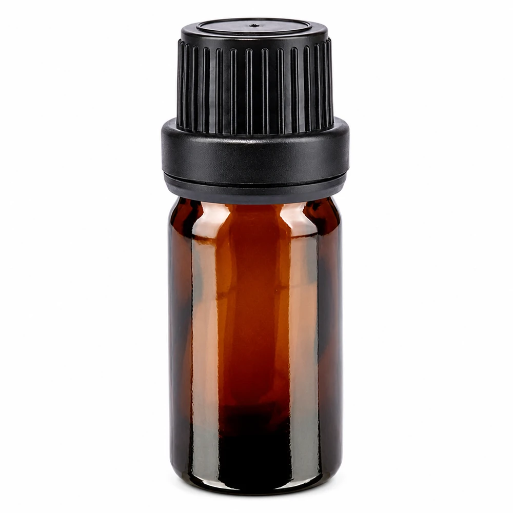 Lékárenská láhev hnědá 5ml šroubovací uzávěr s černým uzávěrem proti neoprávněné manipulaci. Kompakte 5ml Apothekerflasche aus UV-schützendem Braunglas mit Originalitätsring schwarz