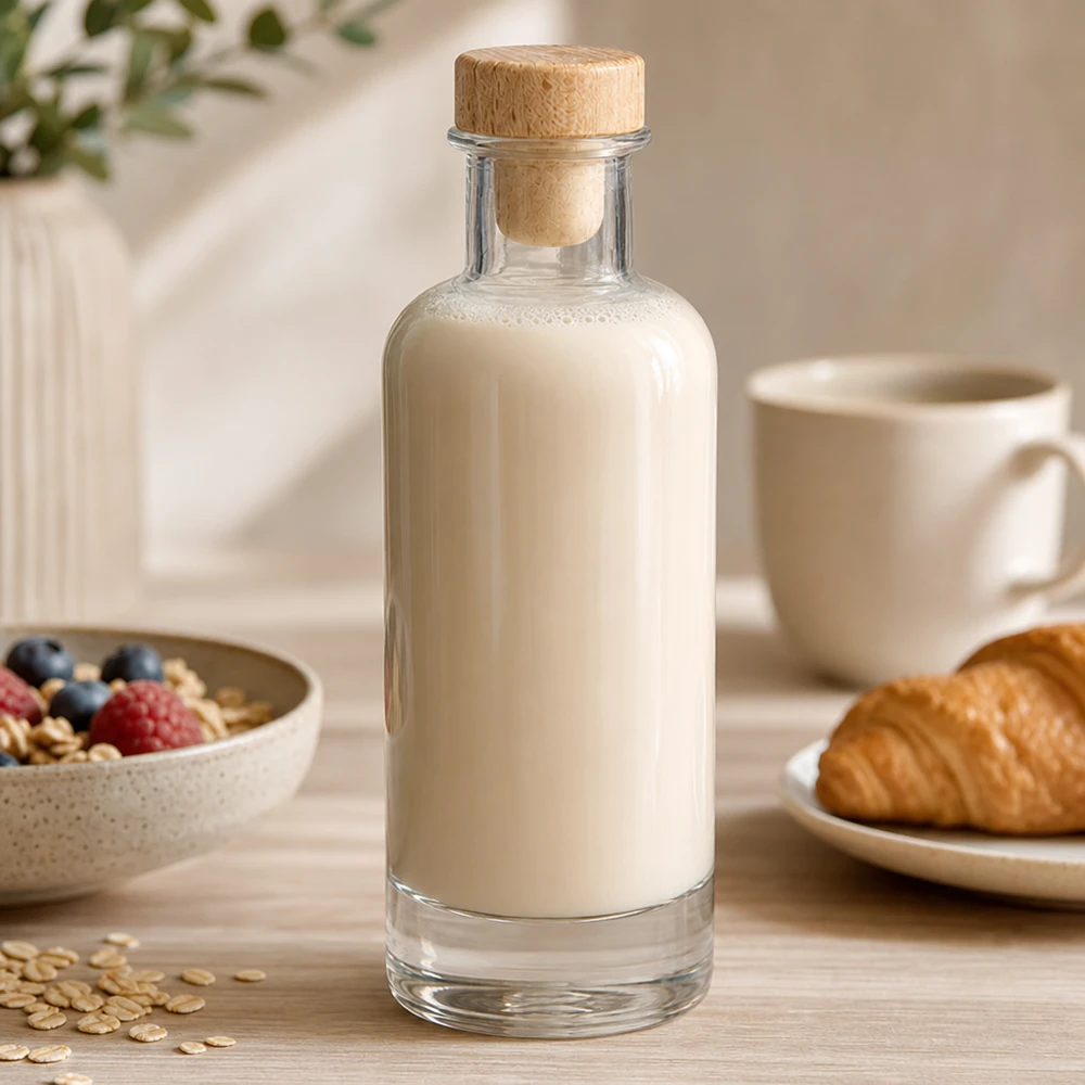 200ml Glasflasche "Ella" mit Holzgriff-Korken UNiTWIST 200ml Glasflasche Ella mit Holzkorken gefüllt mit Hafermilch auf Frühstückstisch mit Müsli und Croissant