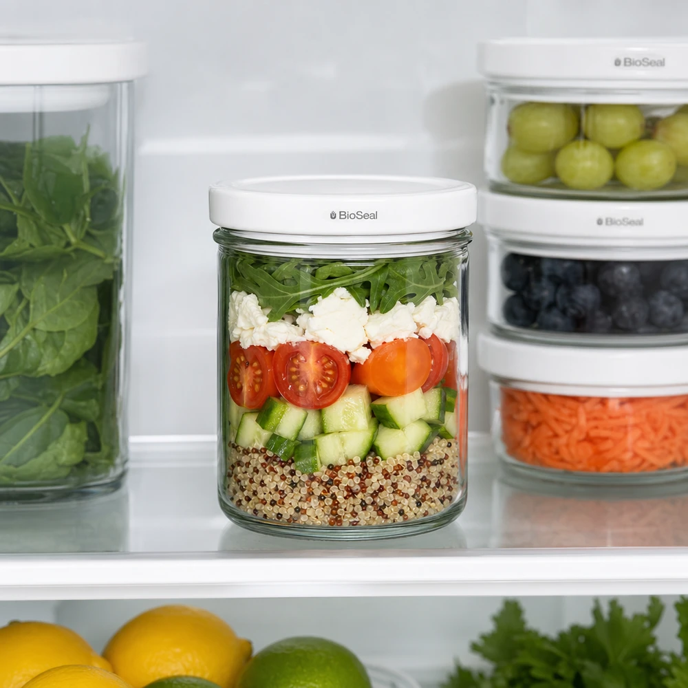 Tumbler o objemu 167 ml s bílým víčkem BioSeal UNiTWIST UNiTWIST 167ml Sturz-Glas Kühlschrank-Organisation Meal Prep Salat geschichtet BioSeal Deckel Frischhaltung