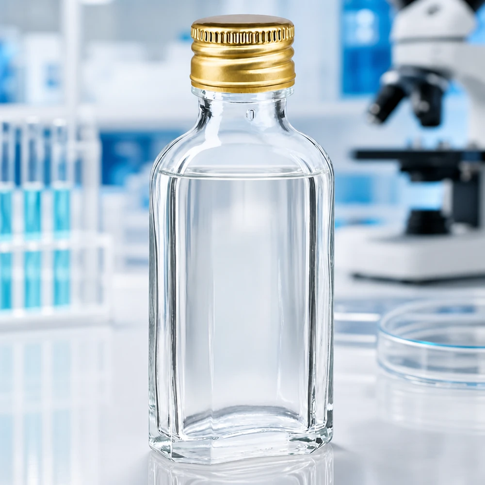 50 ml Meplat čirý s hliníkovým uzávěrem zlatý PP22 Leere 50ml Klarglas Meplat Flasche facettiert mit goldenem PP22 Schraubverschluss Laboreinsatz