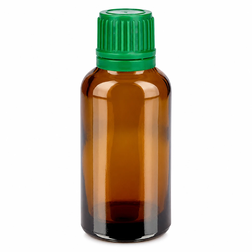 30ml láhev 11mm šroubovací uzávěr zelený tamper evidentní uzávěr BrownLine UT18/30 BrownLine 30ml Glasflasche mit grünem Sicherheitsverschluss für Labor und Apotheke