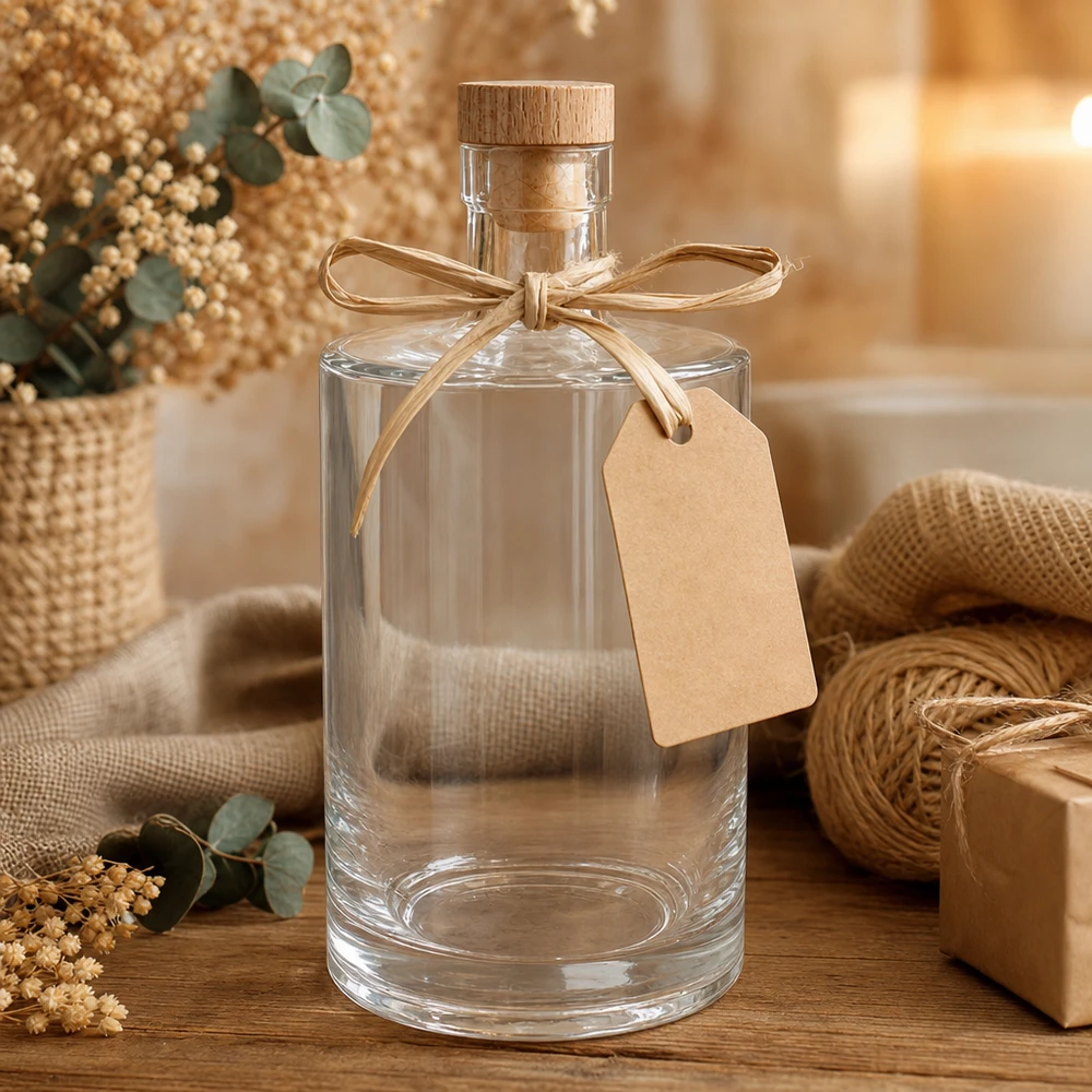 700ml Glasflasche "Galileo" mit Holzgriffkorken UNiTWIST® 700ml Glasflasche Marie leer mit Holzkorken und Geschenkanhänger in gemütlicher Deko-Szene mit Jute und Blumen