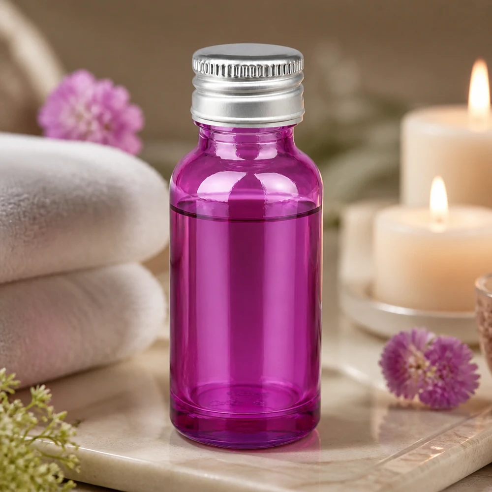 20ml Premium-Glasflasche in kräftigem Purple-Ton mit korrosionsbeständigem Aluminiumgewinde